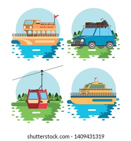 Travel and vacation transports set of scenarios in nature vector illustration graphic design