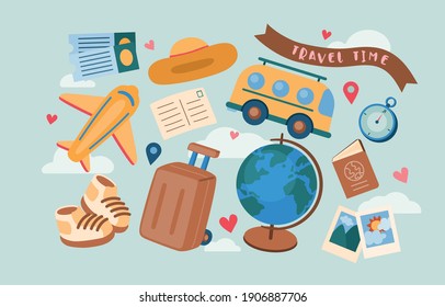 Travel Vacation Trip Objects Collection and Tourist Elements Set, Vector, Illustration