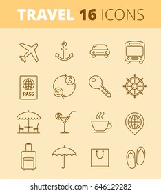 Travel, vacation, trip outline icons: airplane, luggage, open-air restaurant, hotel room key. Vector thin line symbol and sign set. Isolated infographic elements for web, presentation, social network.