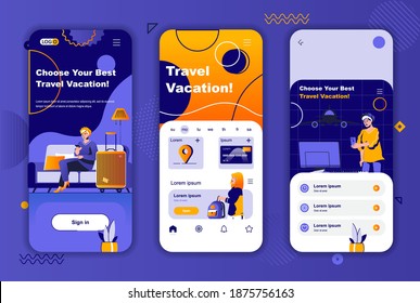 Travel Vacation Unique Design Kit For Social Networks Stories. Travel Guide, Online Booking Service Mobile Screen Templates For App. UI UX Layouts Vector Illustration. GUI Set With People Characters.