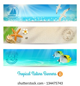 Travel and vacation vector banners with tropical natures