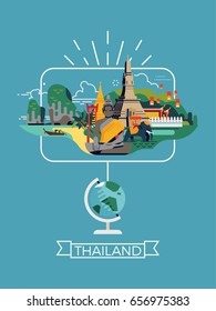Travel and vacation vector concept layout with destination Thailand featuring decorative landscape with landmarks and globe