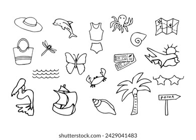 Travel Vacation vector doodle set. Swimwear, sea creatures isolated on white background. Hand drawn travel drawings. Palm tree, airplane and beach accessories.