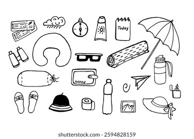 Travel Vacation vector doodle set. Items for living for your camping isolated on white background. Hand drawn drawings with black pen on the theme of travel.
