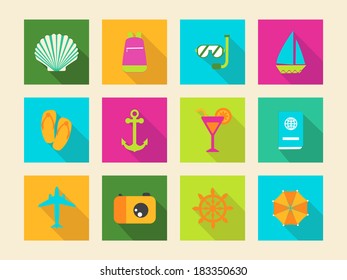 Travel and Vacation vector flat icons with modern long shadow 