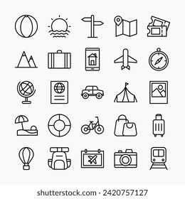 Juego de iconos del vector de vacaciones de viaje. Turismo, vacaciones, símbolo de colección de viajes. Ilustración vectorial.