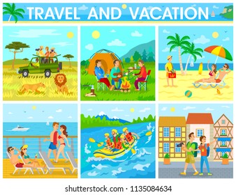 Travel and vacation vector illustration tourists on active rest, sea trip and journey to wild Africa nature, bbq in forest, safari hunting and rafting