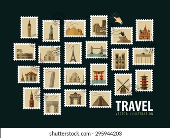 Travel, Vacation Vector Logo Design Template. Postage Stamp Or Historic Architecture Of The World Icons