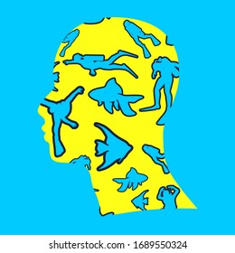Travel and vacation vintage pattern. Double exposure portrait of man