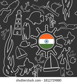 Travel and vacation vintage seamless pattern. Seamless background. Flag of India