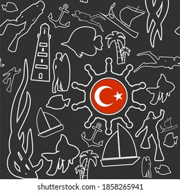 Travel and vacation vintage seamless pattern. Seamless background. Flag of Turkey