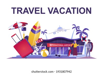 Travel vacation web concept in flat style. People with luggage at airport go on trip, summer holiday, traveling and tourism journey scene. Vector illustration of cartoon characters for website design