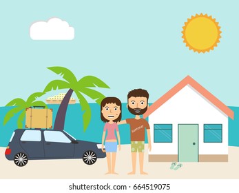 Travel and vacation. Young couple travel by car with baggage on the top. Summer journey concept. Vector illustration.
