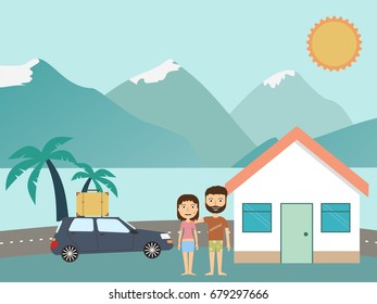 Travel and vacation. Young couple travel by car with baggage on the top. Summer journey concept. Vector illustration.