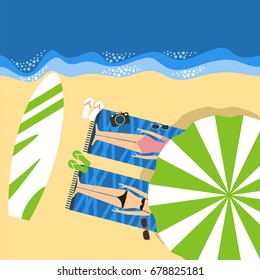Travel and vacation. Young girls under umbrella on the sea beach. Top view. vector illustration.