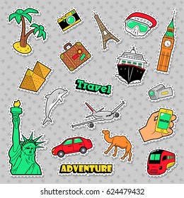 Travel and Vacations Badges, Patches and Stickers with Architecture, Transport. Vector illustration
