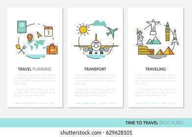 Travel Vacations Business Brochure Template with Linear Thin Line Vector Icons