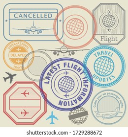 Travel vacations cancelled because of pandemic of coronavirus, travel stamps set, vector illustration