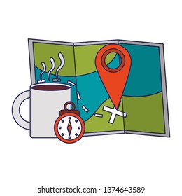 Travel and vacations, coffee, compass and GPS marker on a map