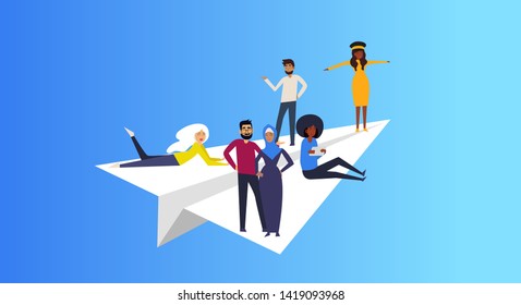 Travel vacations design picture of papper aircraft, airplane, airliner in isometric, 3D style, cloud and different people. Vector illustration. Blue background.