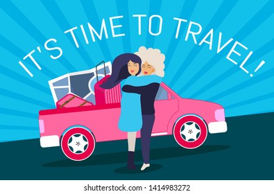 Travel vacations design picture of two girl, woman, suitcase, case, bag, briefcase en isometric style and map, location icons, car. Text:It's time to travel! Vector illustration with background.