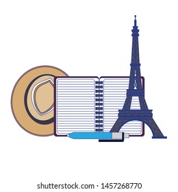 Travel vacations diary with eiffel tower hat nad pen cartoons
