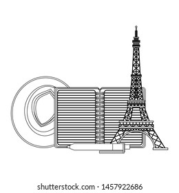 Travel vacations diary with eiffel tower hat nad pen cartoons vector illustration graphic design