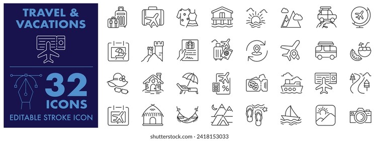 Travel and Vacations Editable Stroke icon sets. Summer vacations and holiday traveling and tourism Vector elements.