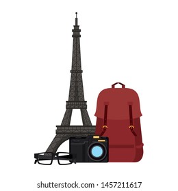 Travel vacations eiffel tower and camera with backpack and glasses cartoons