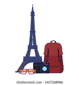 Travel vacations eiffel tower and camera with backpack and glasses cartoons
