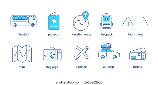 Travel and Vacations icons set. Outline icons collection. Vector illustration.