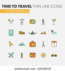 Travel Vacations Linear Thin Line Vector Icons Set with Airplane and Famous World Architecture