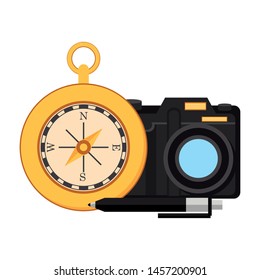 Travel vacations navigation compass camera and pen cartoons