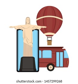 Travel vacations redemeer christ on smartphone with bus and hot air balloon cartoons