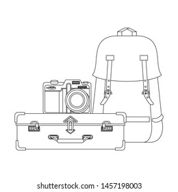 Travel vacations suitcase camera backpack with passport cartoons vector illustration graphic design