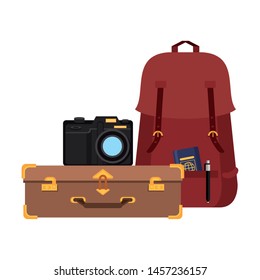 Travel vacations suitcase camera backpack with passport cartoons