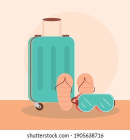 travel vacations suitcase flip flops and diving goggles vector illustration