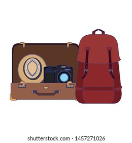 Travel vacations suitcase open with camera hat and backpack cartoons