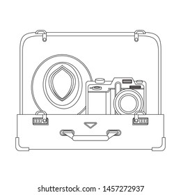 Travel vacations suitcase open with hat and camera cartoons vector illustration graphic design