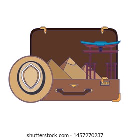 Travel vacations suitcase open with world monuments cartoons