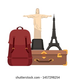 Travel vacations and summer of christ, backpack and eiffel tower on suitcase cartoons