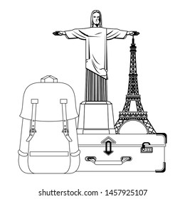 Travel vacations and summer christ redemeer backpack and eiffel tower on suitcase cartoons vector illustration graphic design