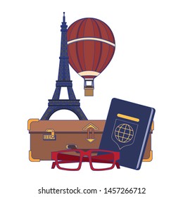 Travel vacations and summer eiffel tower with hot air balloon passport and suitcase with glasses cartoons