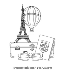 Travel vacations and summer eiffel tower with hot air balloon passport and suitcase with glasses cartoons vector illustration graphic design