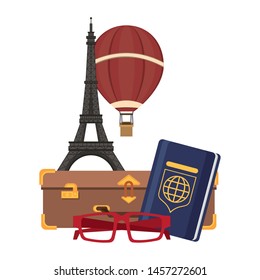 Travel vacations and summer eiffel tower with hot air balloon passport and suitcase with glasses cartoons