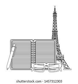 Travel vacations and summer notepad with pen glasses and eiffel tower cartoons. vector illustration.