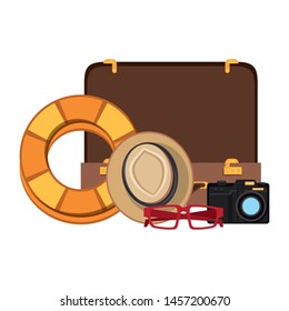 Travel vacations and summer suitcase and float with hat glasses and camera cartoons