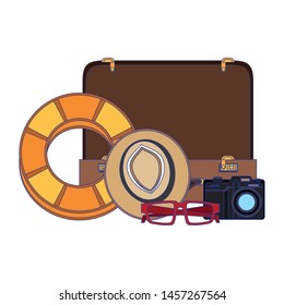 Travel vacations and summer suitcase and float with hat glasses and camera cartoons