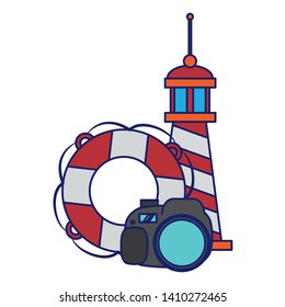 Travel and vacations symbols float camera and lighthouse vector illustration graphic design