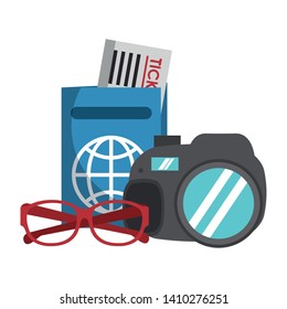 Travel and vacations symbols passport with flight tickets and camera with glasses vector illustration graphic design